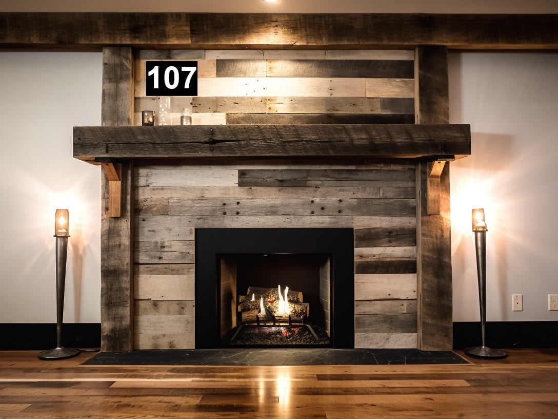 Custom reclaimed wood beam fireplace mantel with corbels