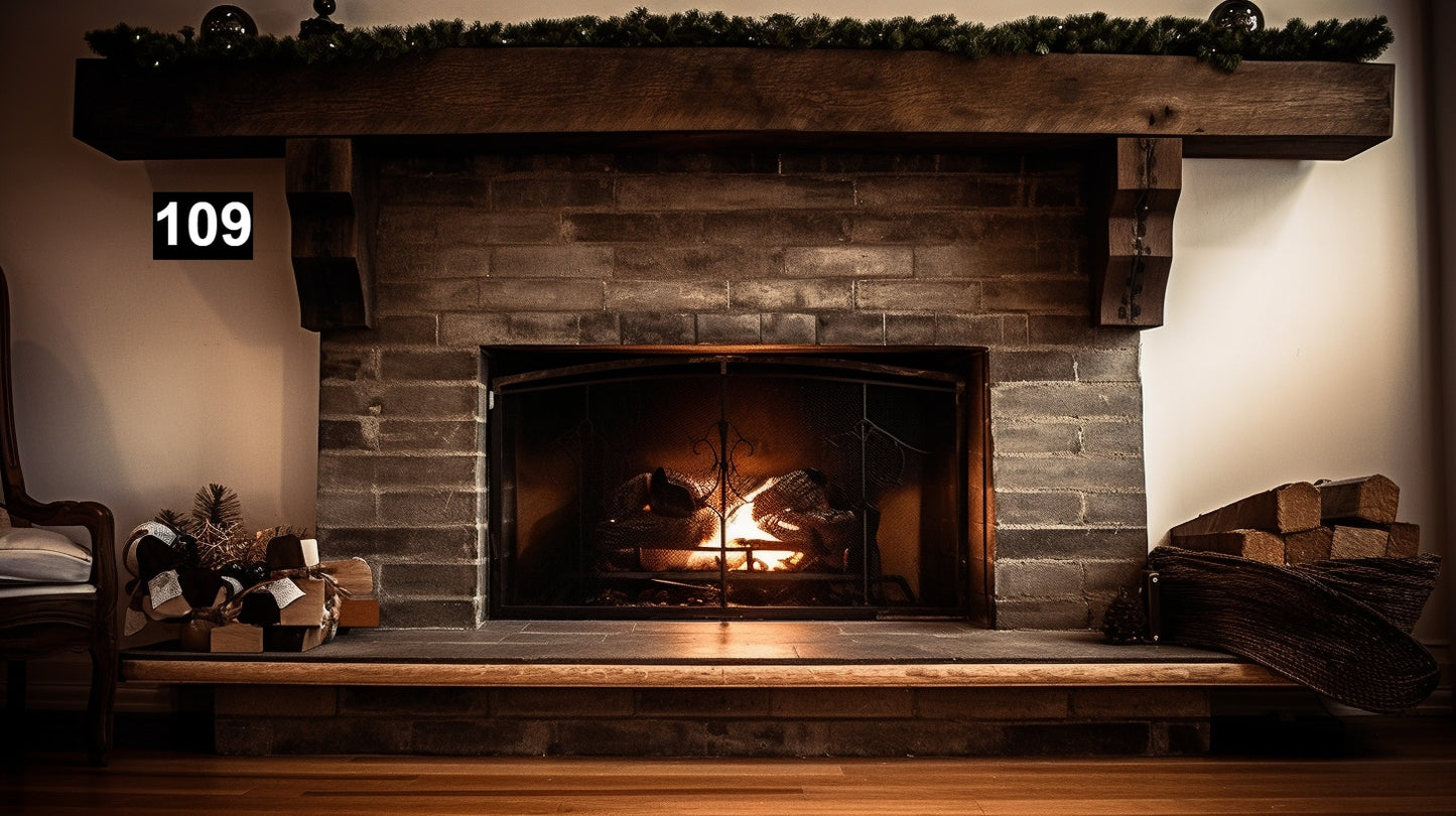 Custom reclaimed wood beam fireplace mantel with corbels