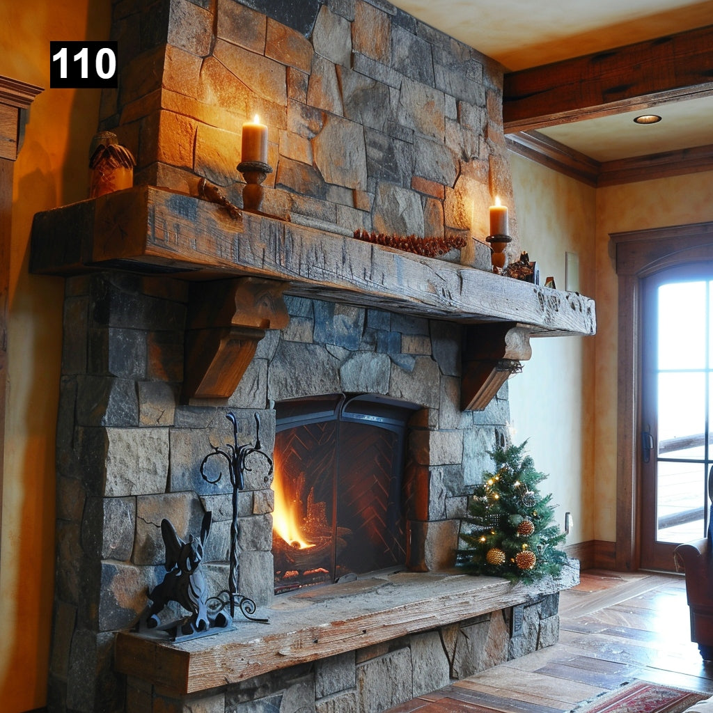 Custom reclaimed wood beam fireplace mantel with corbels