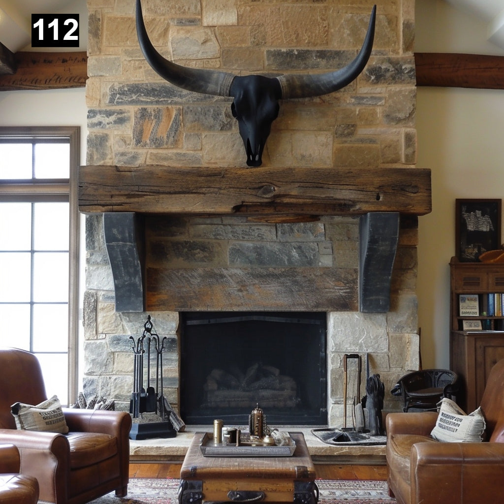 Custom reclaimed wood beam fireplace mantel with corbels