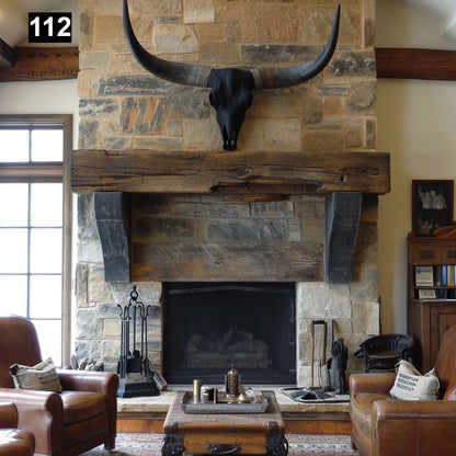 Custom reclaimed wood beam fireplace mantel with corbels