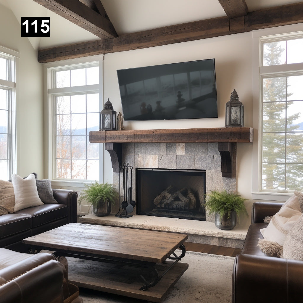 Custom reclaimed wood beam fireplace mantel with corbels