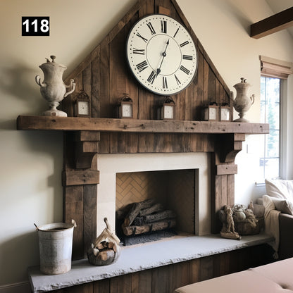 Custom reclaimed wood beam fireplace mantel with corbels