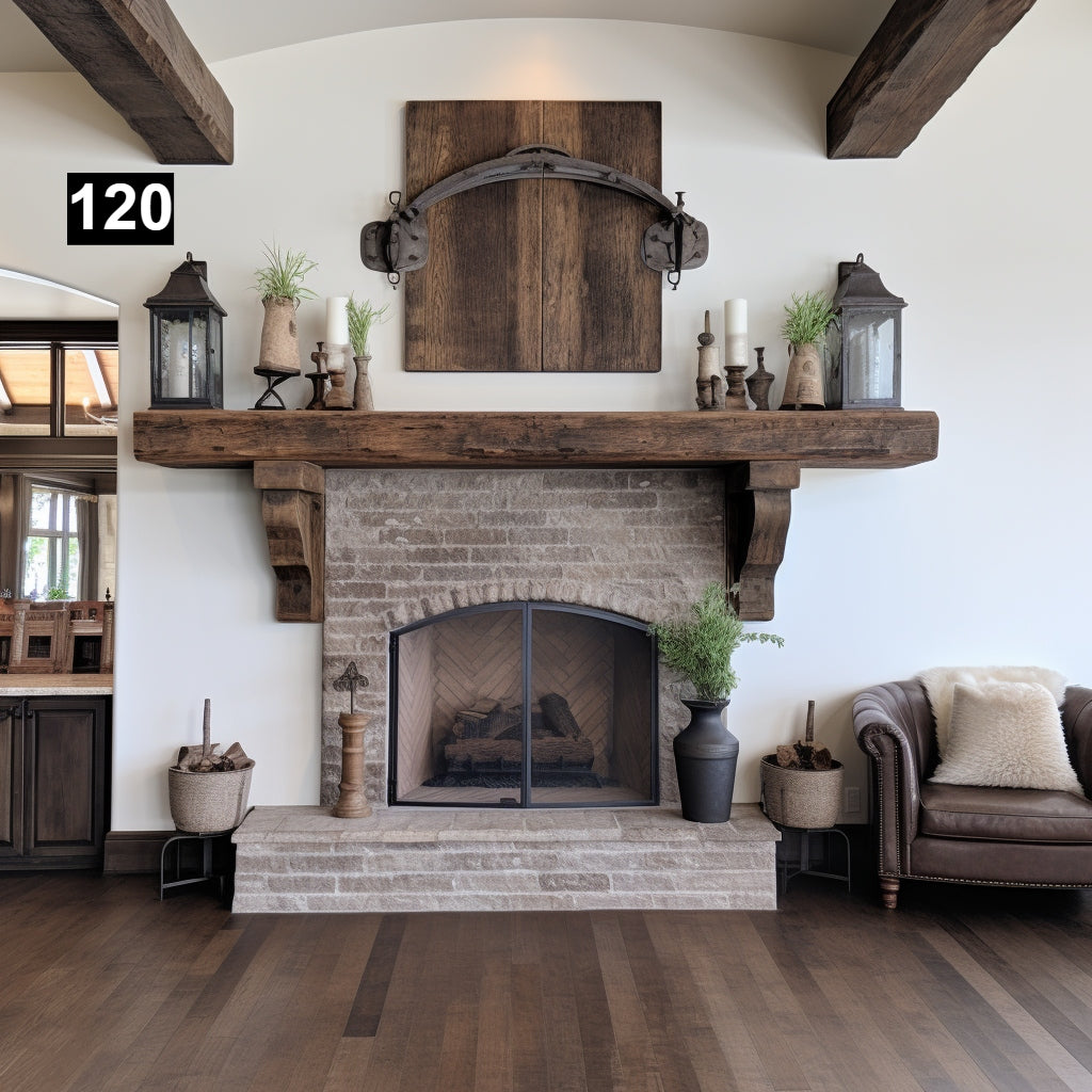 Custom reclaimed wood beam fireplace mantel with corbels
