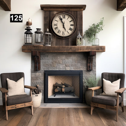 Custom reclaimed wood beam fireplace mantel with corbels