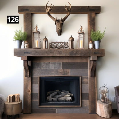 Custom reclaimed wood beam fireplace mantel with corbels