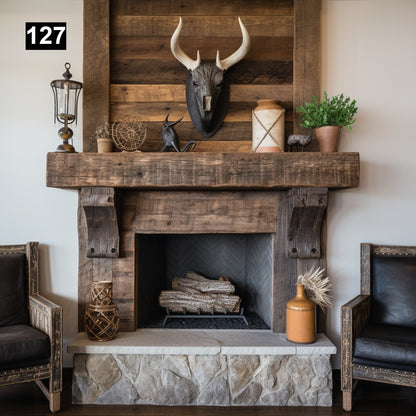 Custom reclaimed wood beam fireplace mantel with corbels