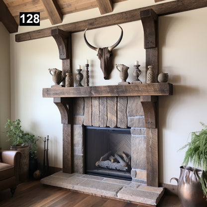 Custom reclaimed wood beam fireplace mantel with corbels