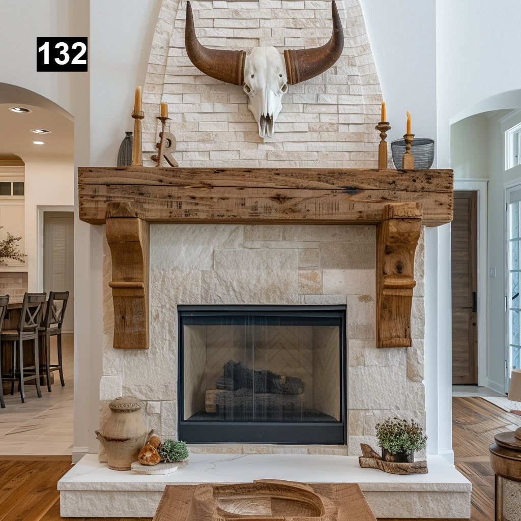 Custom reclaimed wood beam fireplace mantel with corbels