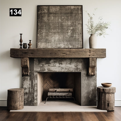 Custom reclaimed wood beam fireplace mantel with corbels