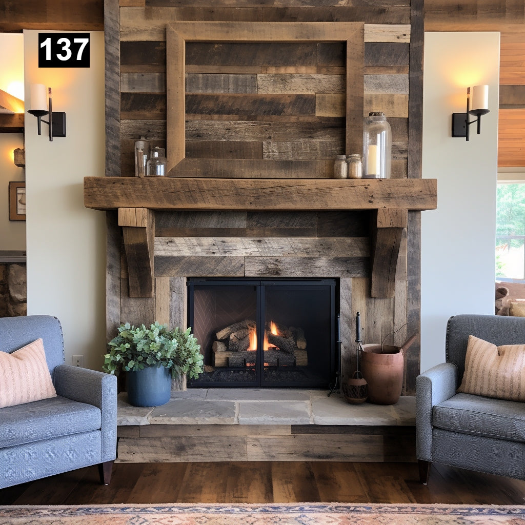 Custom reclaimed wood beam fireplace mantel with corbels