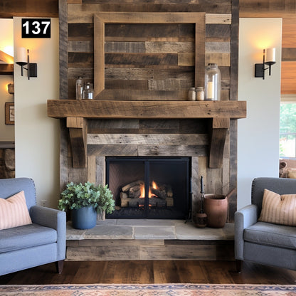 Custom reclaimed wood beam fireplace mantel with corbels