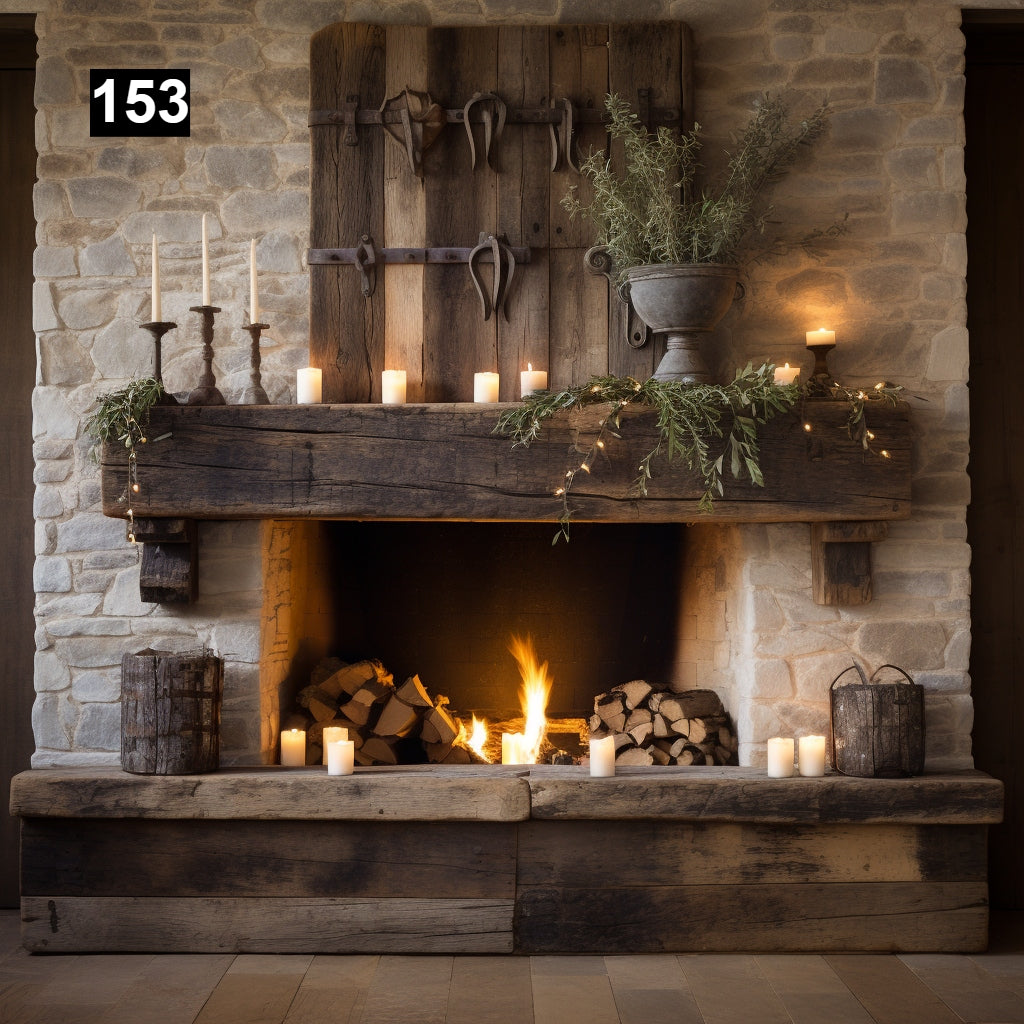Custom reclaimed wood beam fireplace mantel with corbels