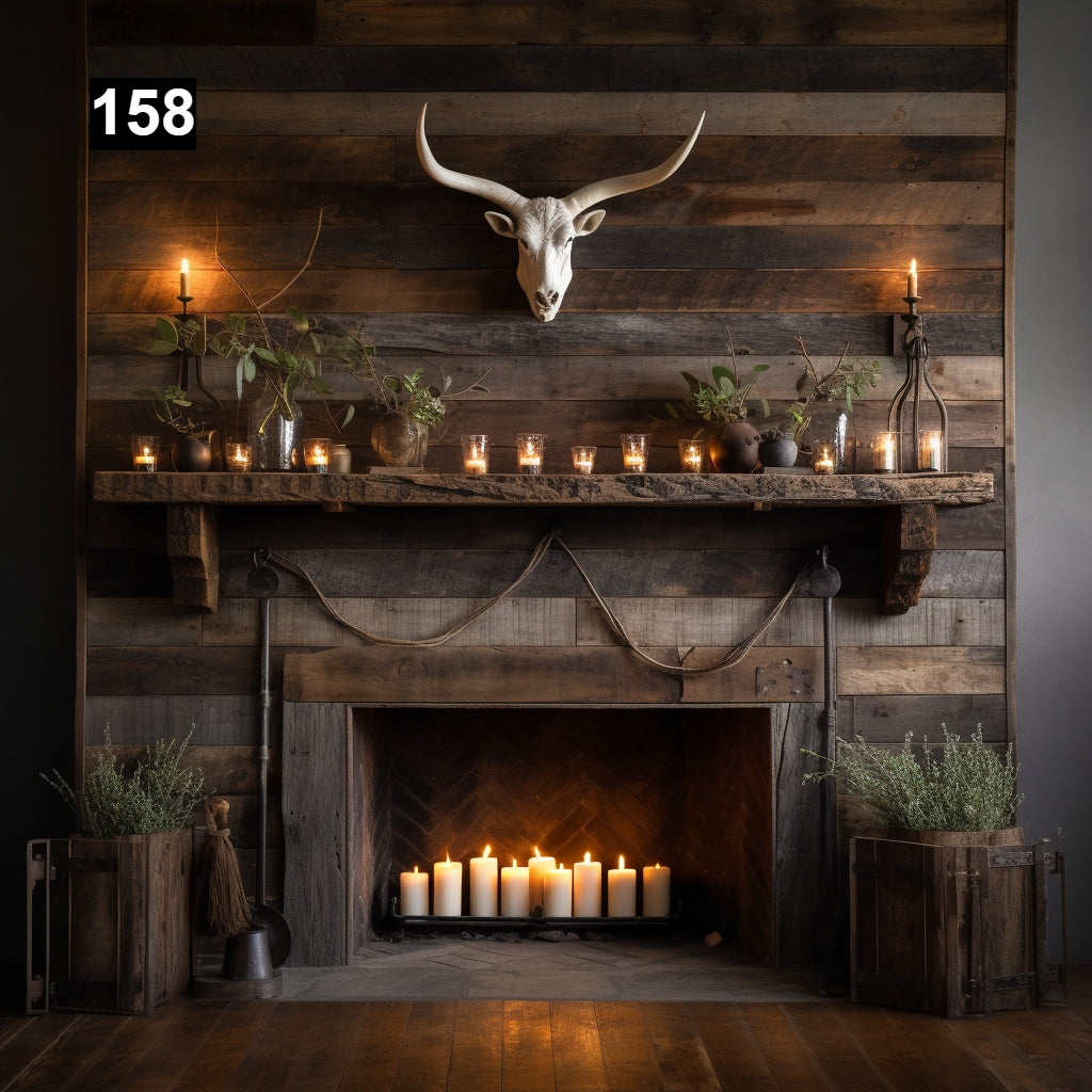Custom reclaimed wood beam fireplace mantel with corbels