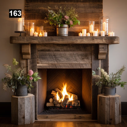 Custom reclaimed wood beam fireplace mantel with corbels