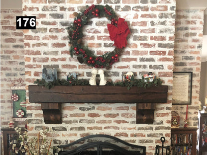 Custom reclaimed wood beam fireplace mantel with corbels