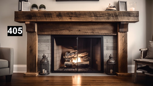 Custom reclaimed wood beam fireplace mantel with legs