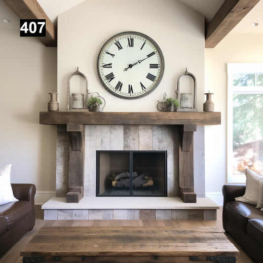Custom reclaimed wood beam fireplace mantel with legs
