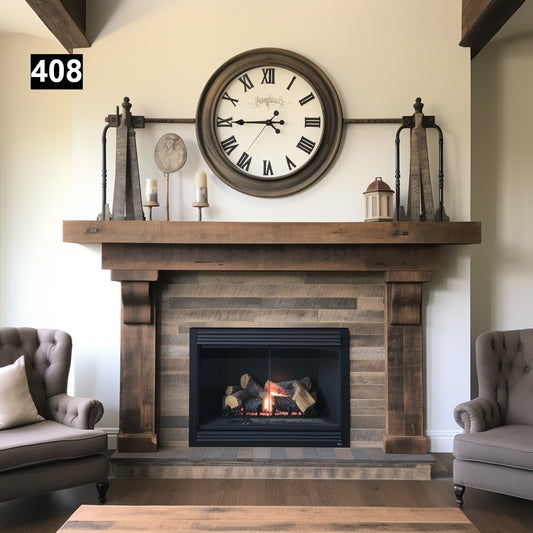 Custom reclaimed wood beam fireplace mantel with legs