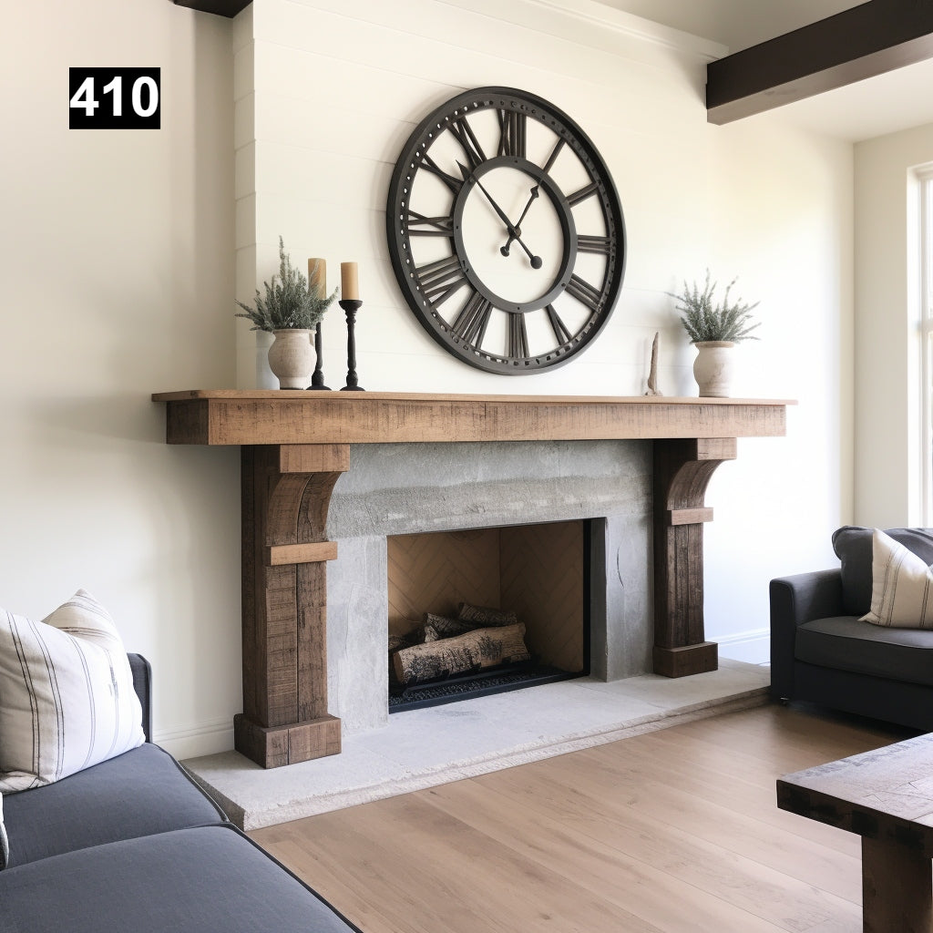 Custom reclaimed wood beam fireplace mantel with legs