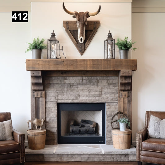 Custom reclaimed wood beam fireplace mantel with legs