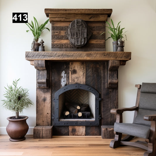 Custom reclaimed wood beam fireplace mantel with legs