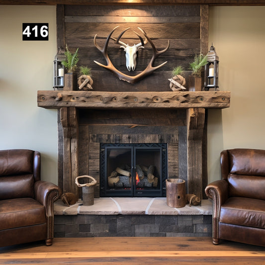 Custom reclaimed wood beam fireplace mantel with legs