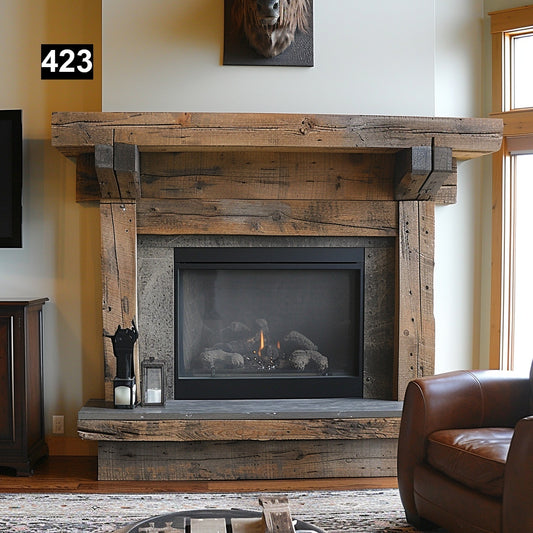 Custom reclaimed wood beam fireplace mantel with legs