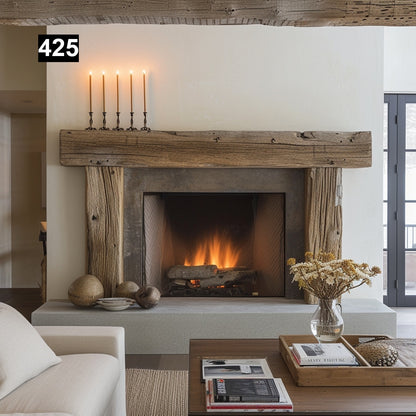 Custom reclaimed wood beam fireplace mantel with legs