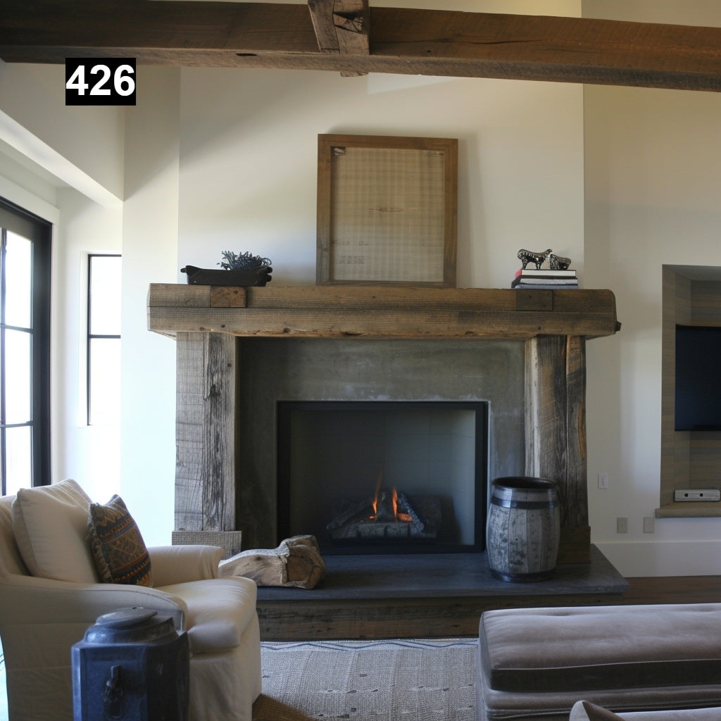 Custom reclaimed wood beam fireplace mantel with legs