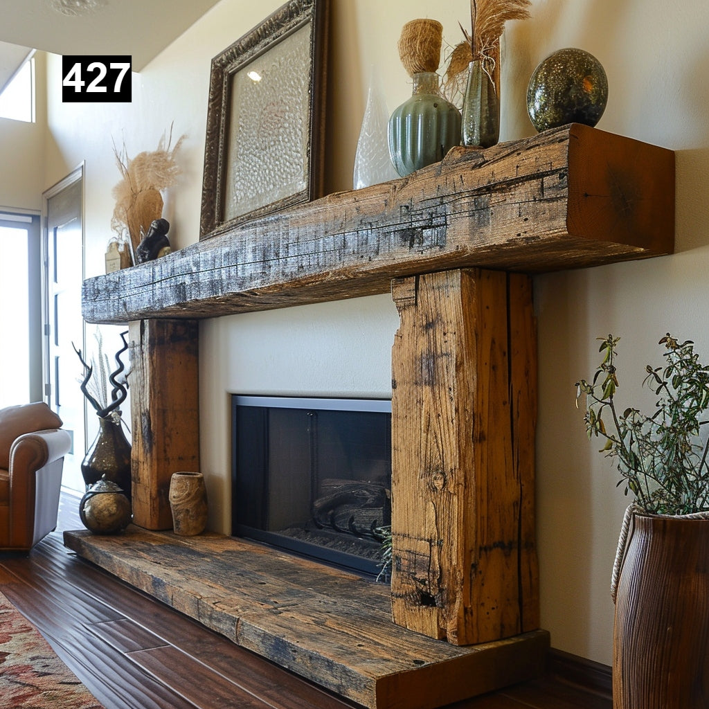 Custom reclaimed wood beam fireplace mantel with legs