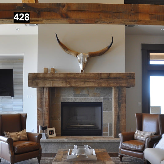 Custom reclaimed wood beam fireplace mantel with legs