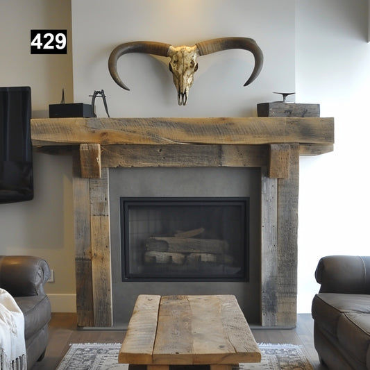 Custom reclaimed wood beam fireplace mantel with legs