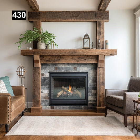 Custom reclaimed wood beam fireplace mantel with legs