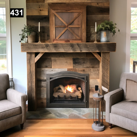 Custom reclaimed wood beam fireplace mantel with legs