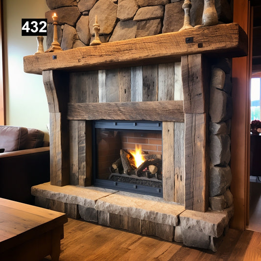 Custom reclaimed wood beam fireplace mantel with legs