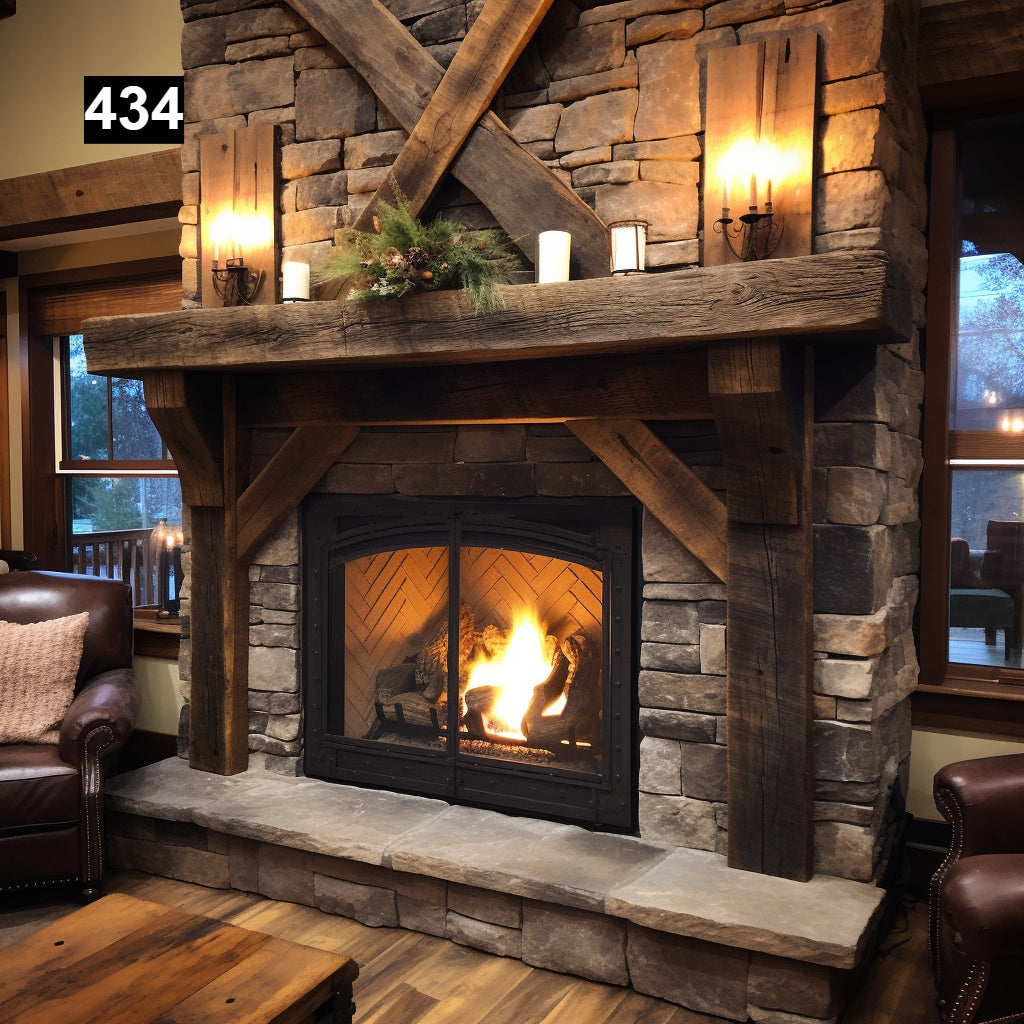 Custom reclaimed wood beam fireplace mantel with legs