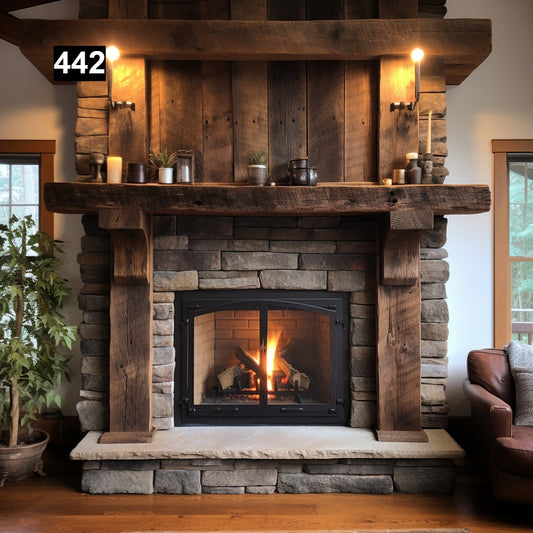Custom reclaimed wood beam fireplace mantel with legs