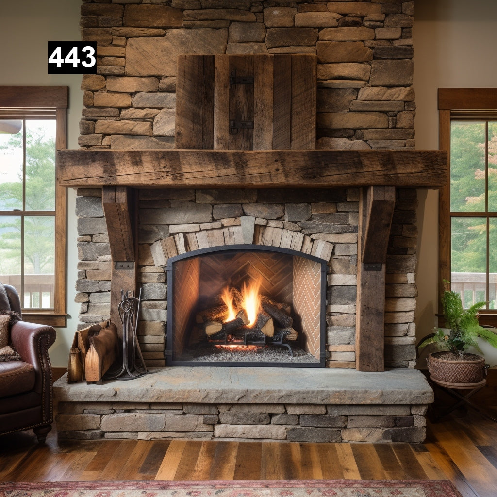 Custom reclaimed wood beam fireplace mantel with legs