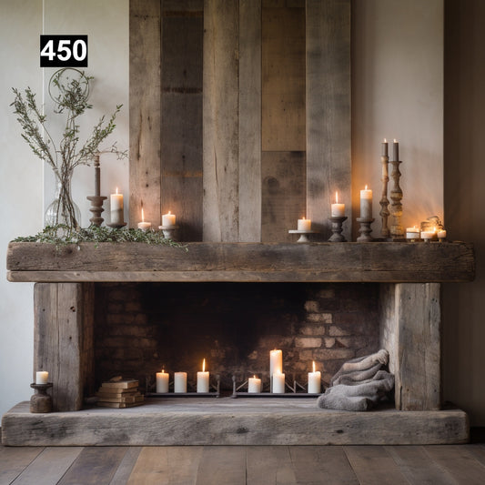 Custom reclaimed wood beam fireplace mantel with legs