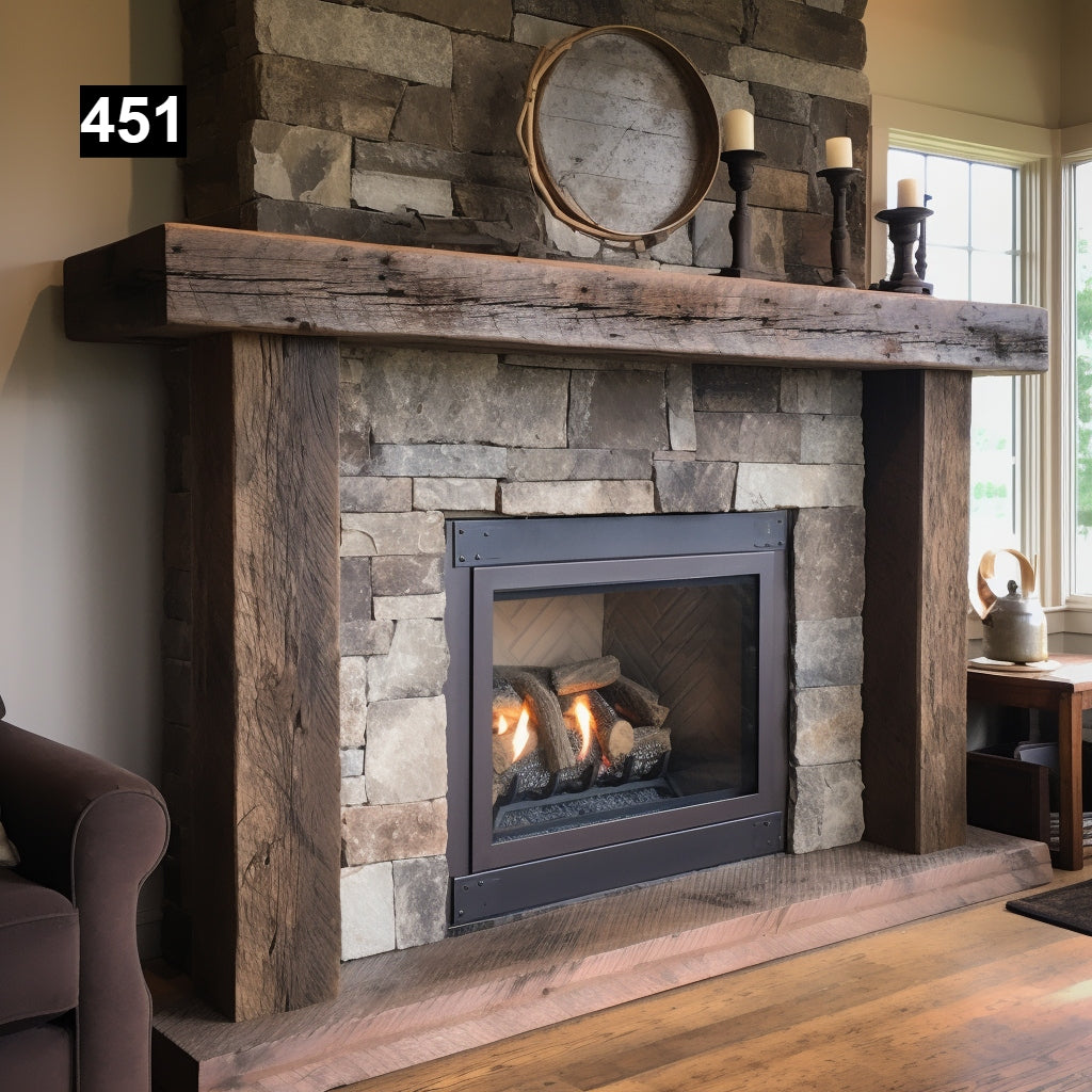 Custom reclaimed wood beam fireplace mantel with legs