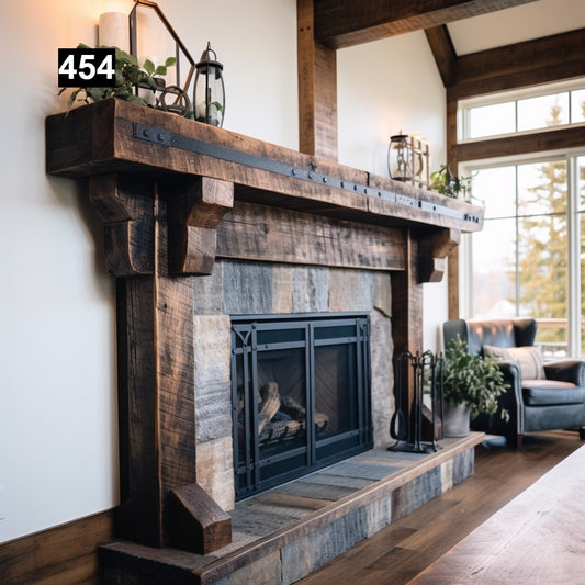 Regal looking Reclaimed Wood Beam Fireplace Mantel with Legs #454