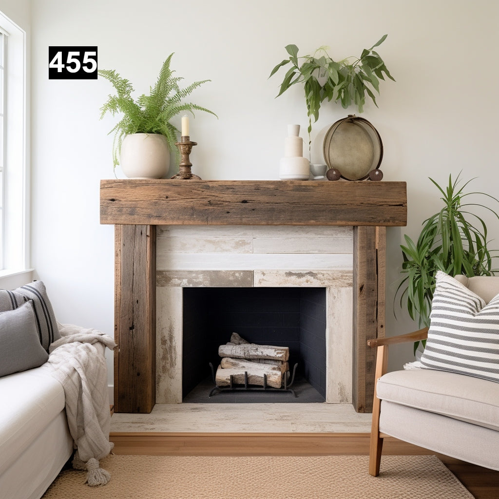 Custom reclaimed wood beam fireplace mantel with legs