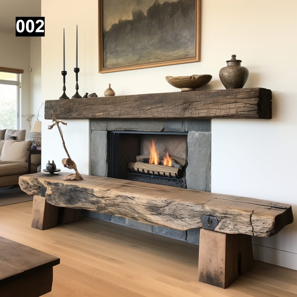 Custom reclaimed wood beam fireplace mantel