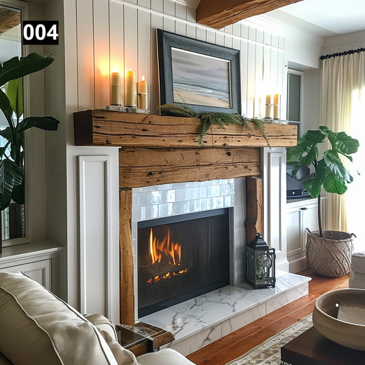 Custom reclaimed wood beam fireplace mantel