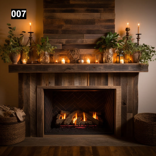 Custom reclaimed wood beam fireplace mantel