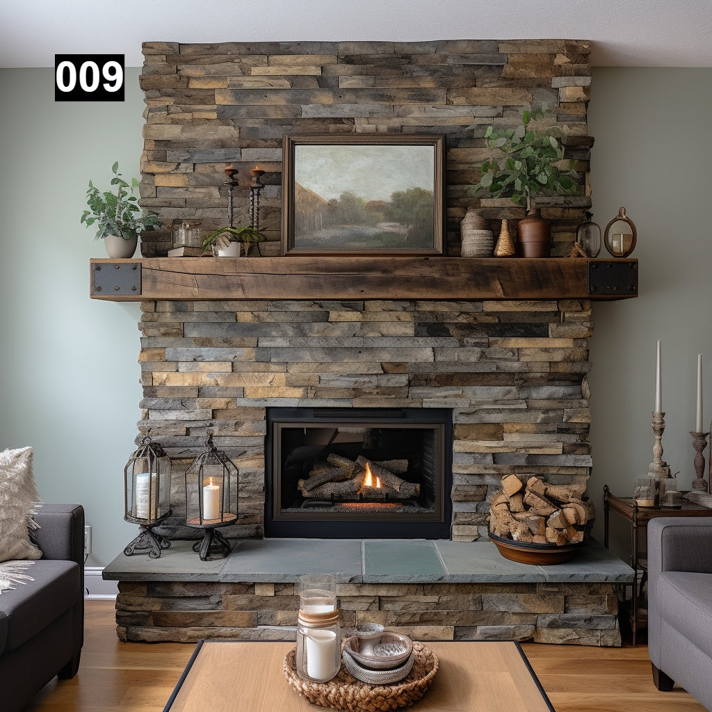 Custom reclaimed wood beam fireplace mantel