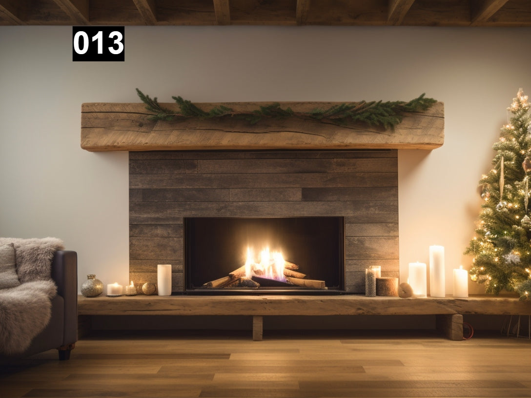 Custom reclaimed wood beam fireplace mantel