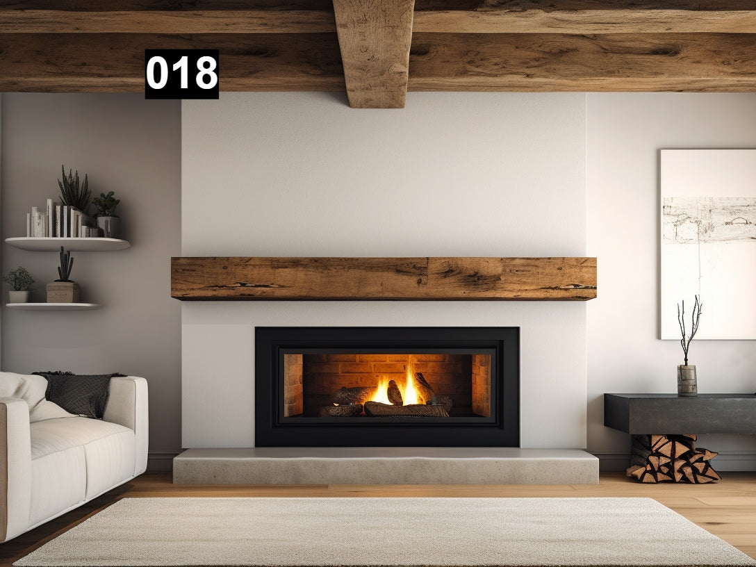 Custom reclaimed wood beam fireplace mantel