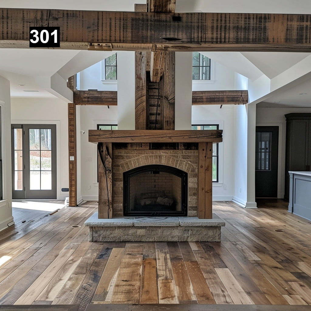 Custom reclaimed wood beam fireplace mantel wrap around